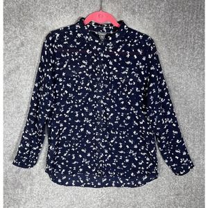 Eddie Bauer Bird Print‎ Crinkle Semi Sheer Button Up Top Womens Size PL Blue